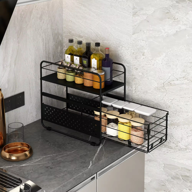 Manufacturer Customization Kitchen Countertop Double Tier Non-folding Storage Rack Black Carbon Steel Multifunction Pull Sliding