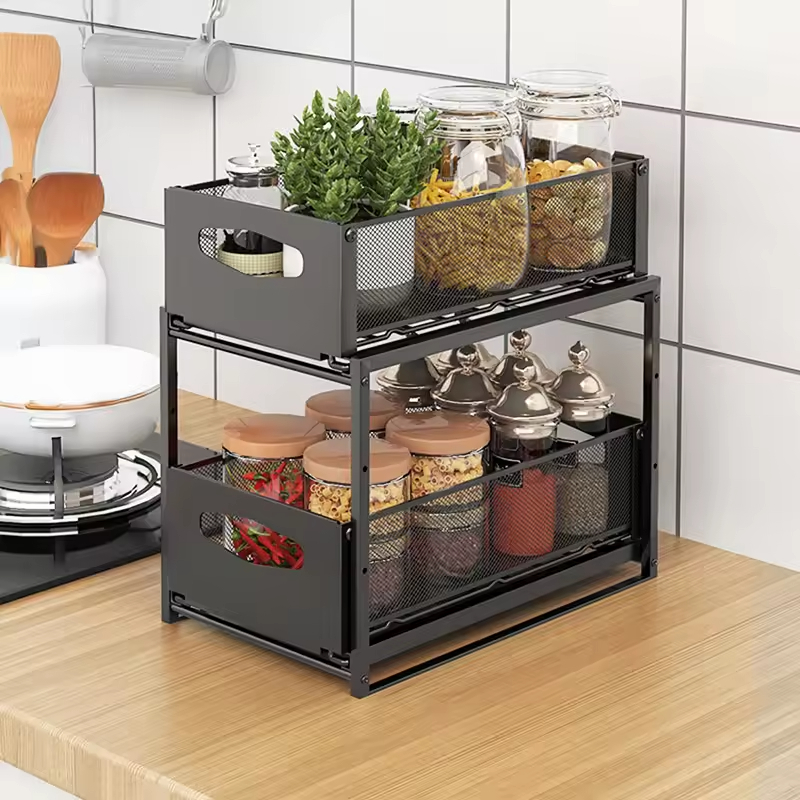 OEM&ODM Double Tier Metal Standing Type Under Cabinet Storage Organizer with Sliding Drawer for Kitchen Toiletries/Spice