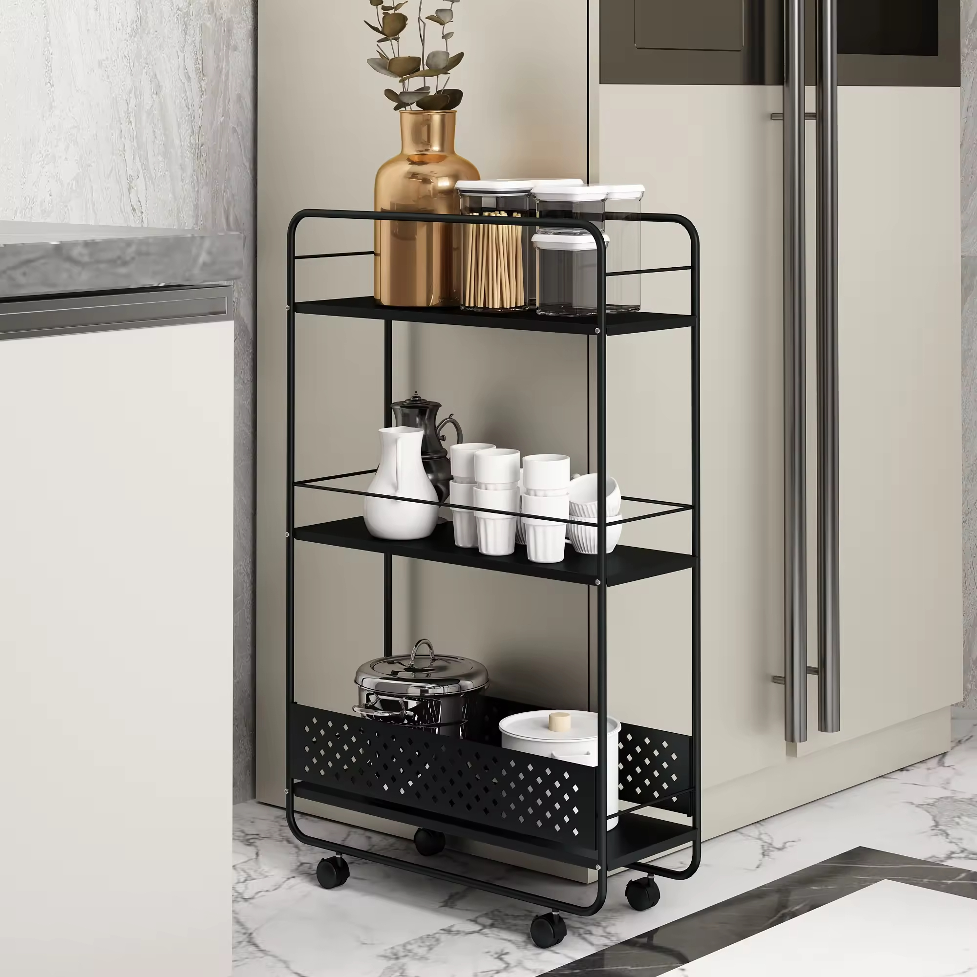 Custom 3-Tier Metal Utility Rolling Kitchen Storage Cart Narrow Refrigerator Slim Carts for Kitchen Use
