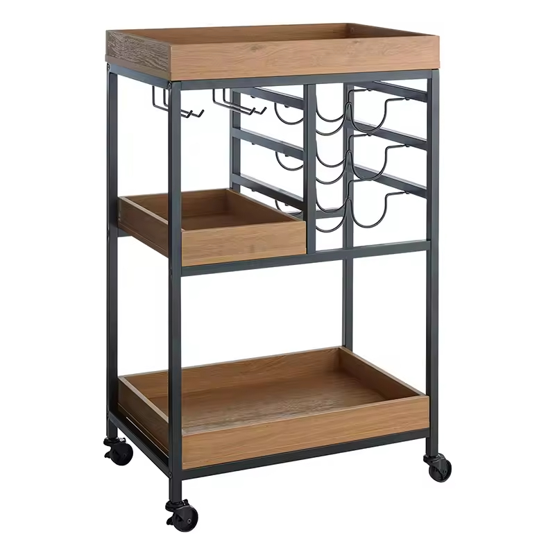 Customize Wooden Tray Top Bar Cart Multifunctional Metal and Wood Lockers with Hooks Three Layers of Bedroom Storage Racks
