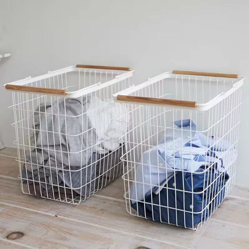 Factory Custom Rectangle Home Slim Rolling Laundry Basket Hamper Steel Rolling Laundry Storage Basket With Ring Handles