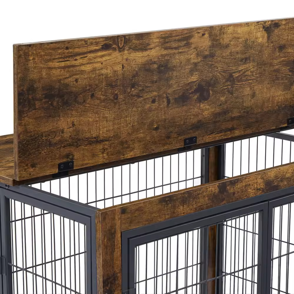ODM&OEM Standing Type Dog Cage Crate Wooden Steel Furniture Style Double Doors with Wheels & Flip-up Top Opening for Tools Use
