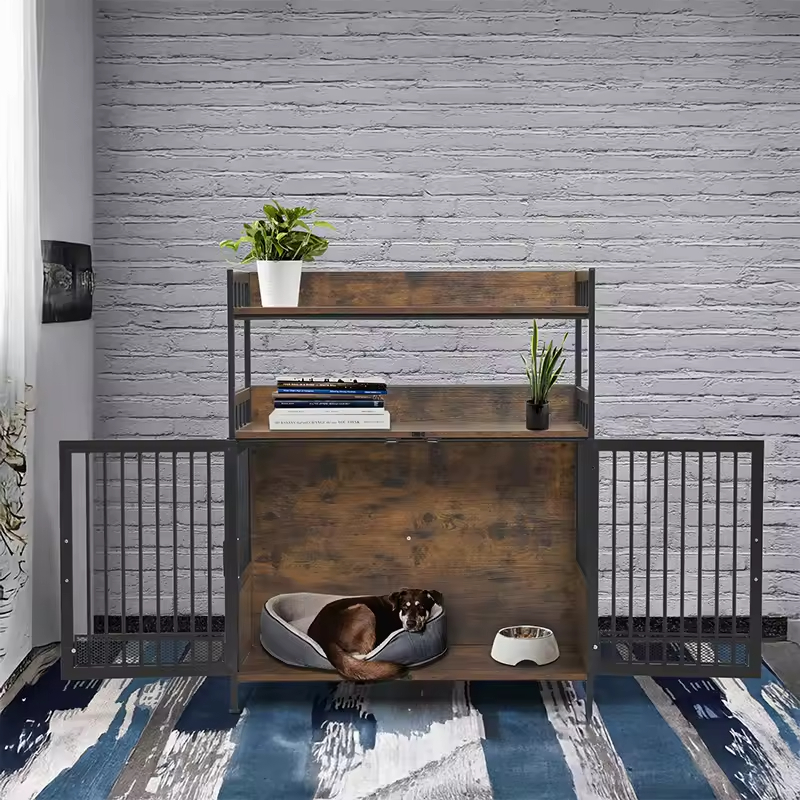 Factory Custom Heavy Duty Wooden Dog Crate End Table with Three-Tier Storage Shelves Standing Type Multifunction Indoor Use