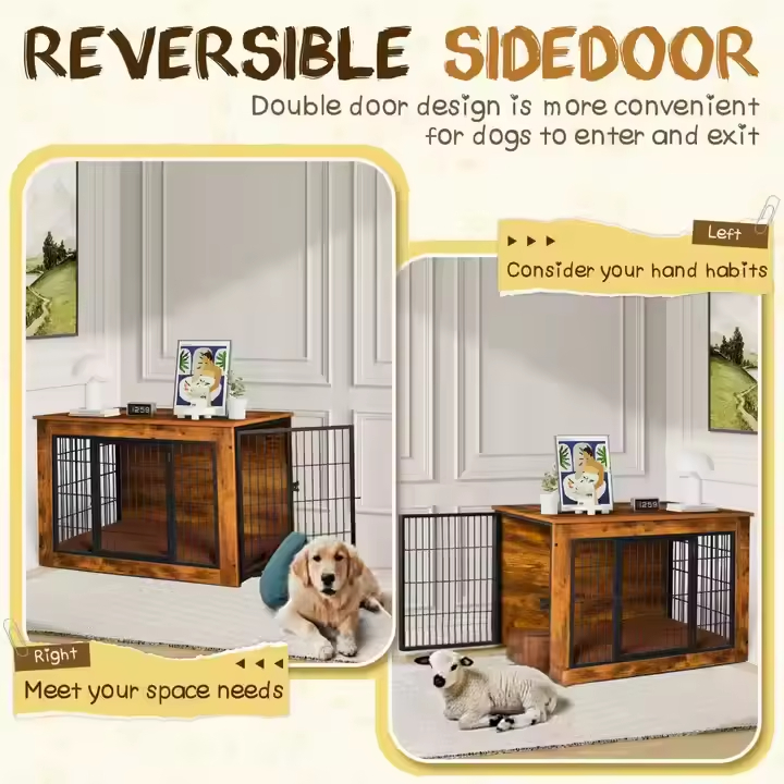 ODM & OEM Heavy-Duty Dog Kennel Furniture Vintage Style Crate with Thick Cushion & Double Doors for Small to Large Dogs