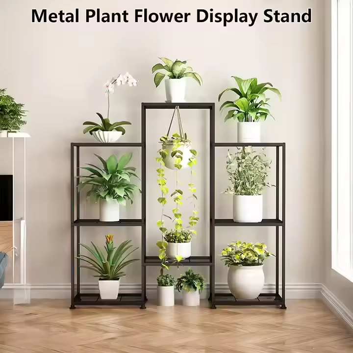 Customized Modern Eco-Friendly Indoor/Outdoor Tall Plant Shelf Black Wood Metal Multi-Tier with Stand for Flower Pots & Planters