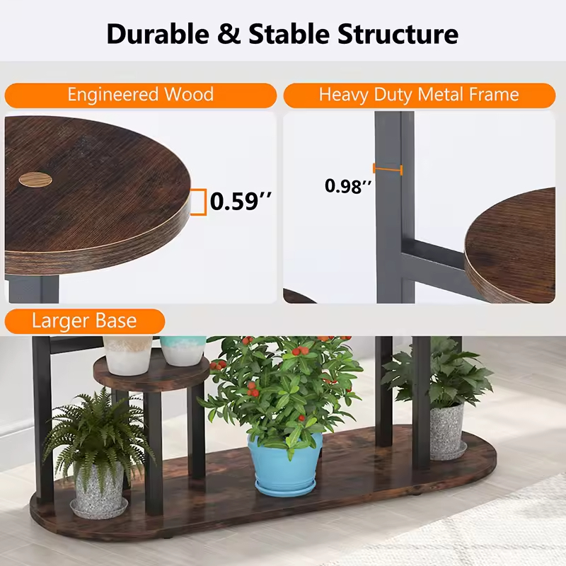 Customized Black Modern Multi-Tier Metal Wood Plant Stand Powder Coated Finish Durable Indoor/Outdoor Multi-Purpose
