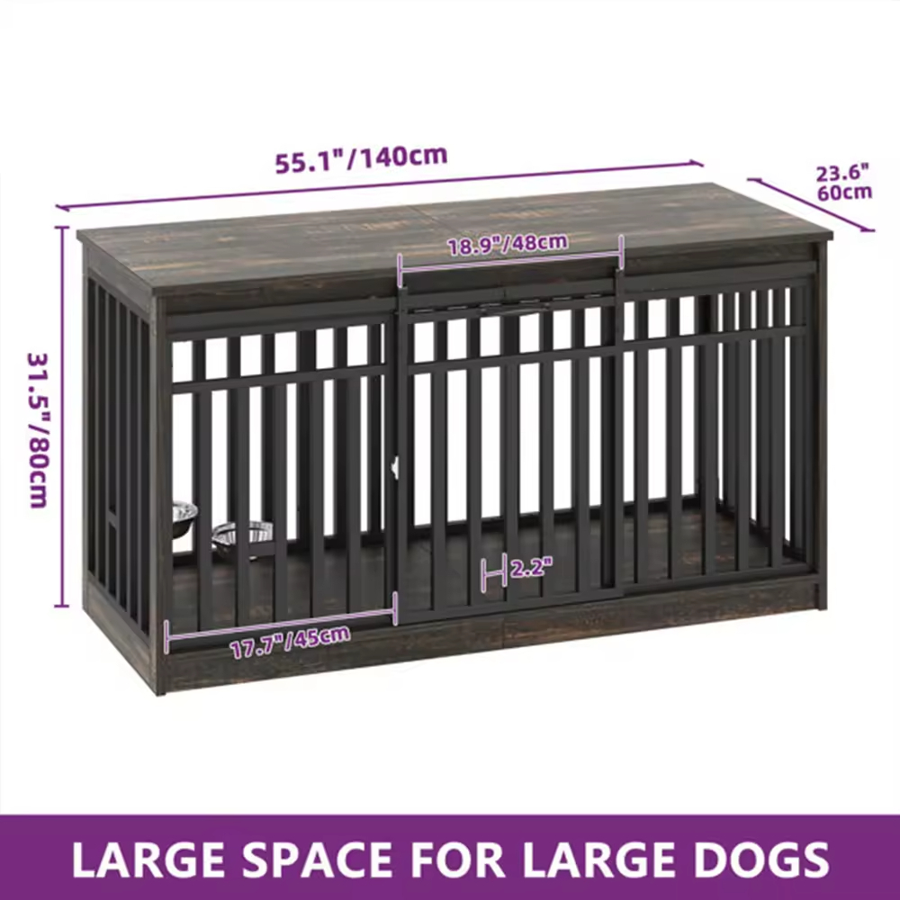 ODM&OEM Heavy Duty Wooden Dog Crate Kennel with Sliding Doors Dog Bowl Movable Sustainable Vintage Cleaning Tools Standing Type