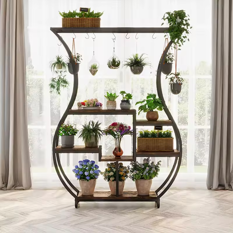 Factory Custom Multi-tier Plant Stands with Hanger Powder Coated Wood & Metal Modern Design for Indoor Home Decoration