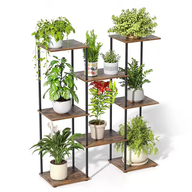 Customized Modern Multi-Tier Metal-wood Powder Coated Plant Stand Multi-Purpose Flower Display Rack Black Indoor/Outdoor Durable