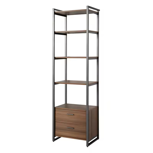 Factory Customized Space-Saving 5-Tier Open Shelves 2 Storage Drawers (Metal Wood) 85.2'' H X 24.8'' W X 18.86'' D for Living