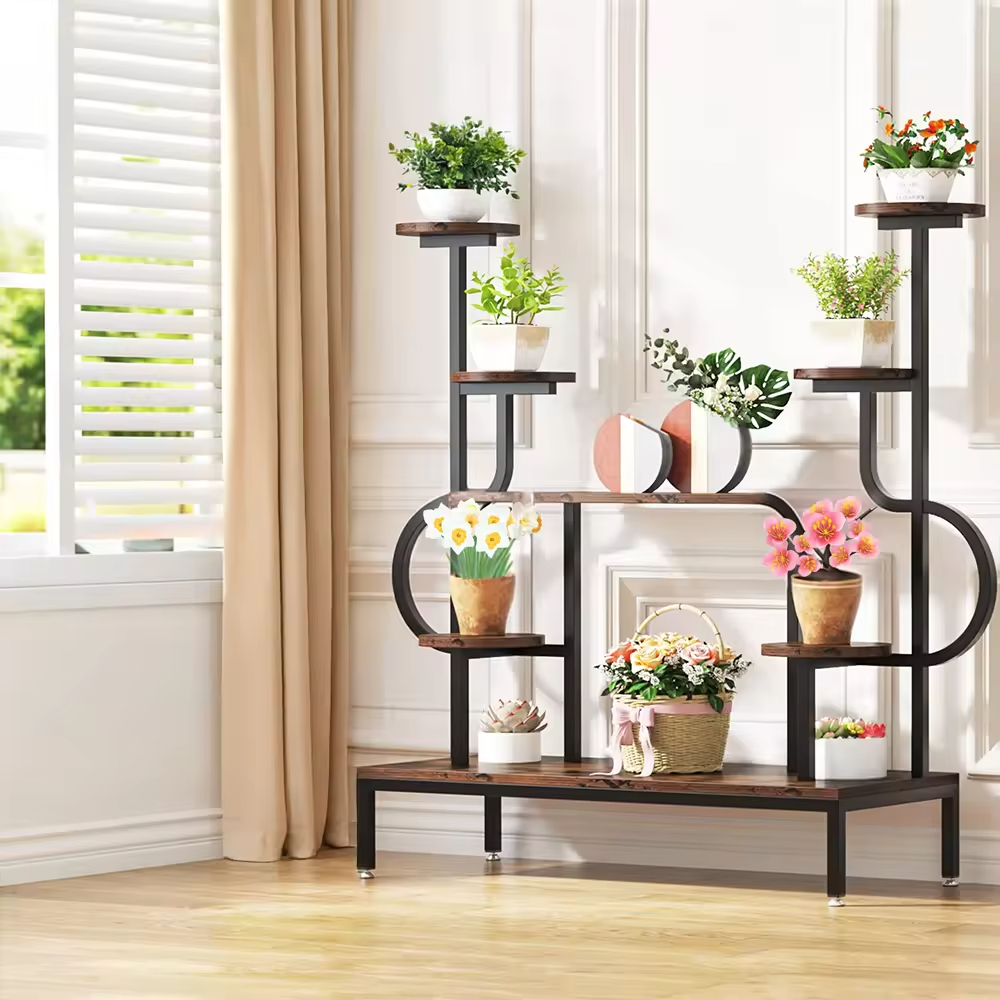 OEM & ODM Large Tall 8-Tier Metal Indoor Plant Stand Wood Ladder Holder with Flower Rack for Living Room Bookcases & Bookshelves