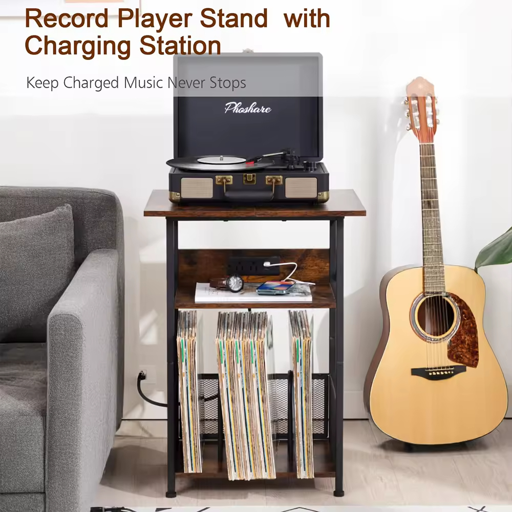 Modern 3-Tier Solid Wood & Metal End Table Record Player Stand with Charging Station and Storage Cabinet for Bedroom