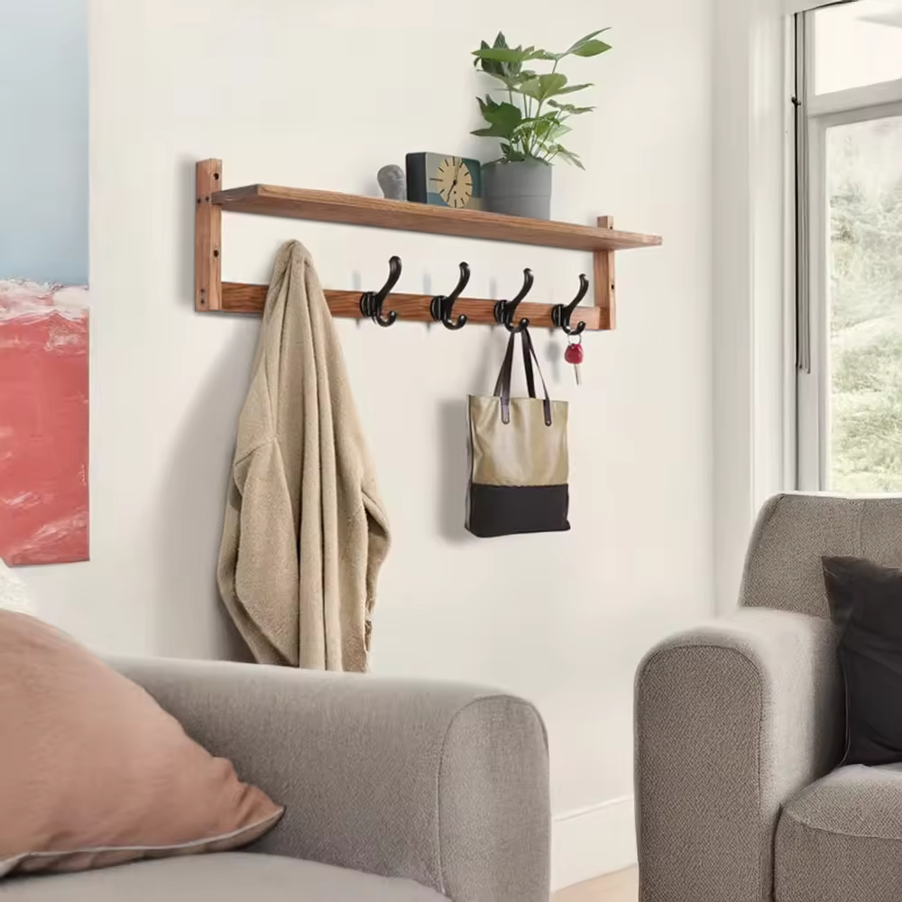 Modern Wooden Wall Hanger with Hooks - Multi-Use Tool Organizer, Space-Saving Eco Design