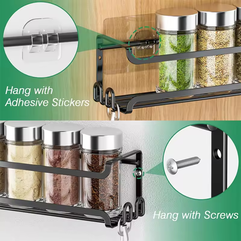 2 Pack Wall Mounted Spice Rack With 8 Hooks, Spice Organizer For Cabinet Pantry Door Spice Shelf Hanging Wall Spice Rack