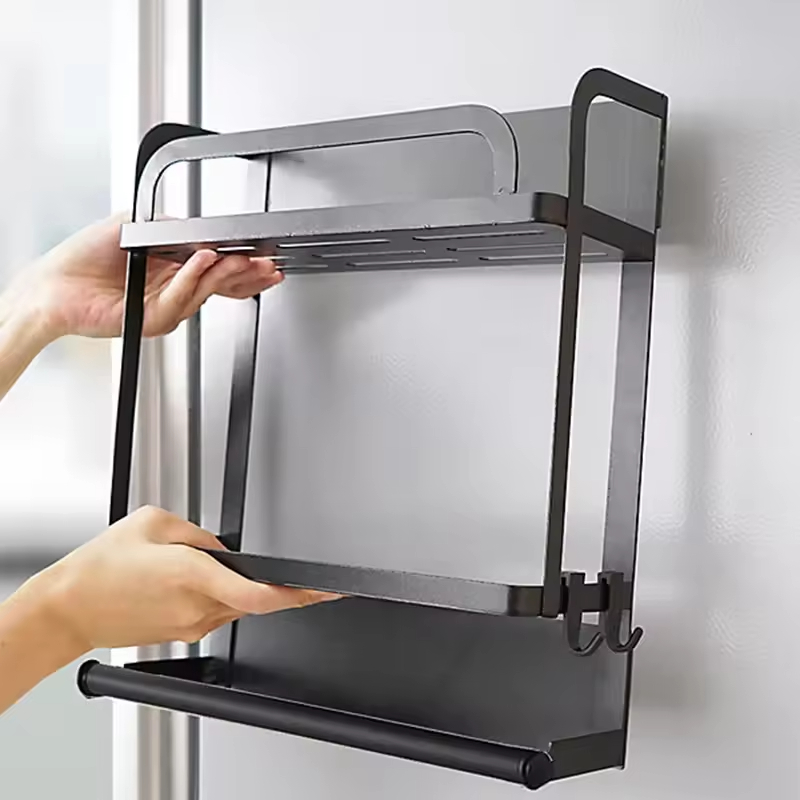 Single-Tier Kitchen Magnetic Refrigerator Storage Rack Wall-Mounted Hanger Shelf for Spices Metal Fridge Holder