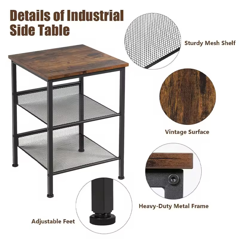 Factory ODM OEM 3-Layers Living Room Bedroom Office Side Table Nightstand 2 Adjustable Shelves Contemporary Design for Dining