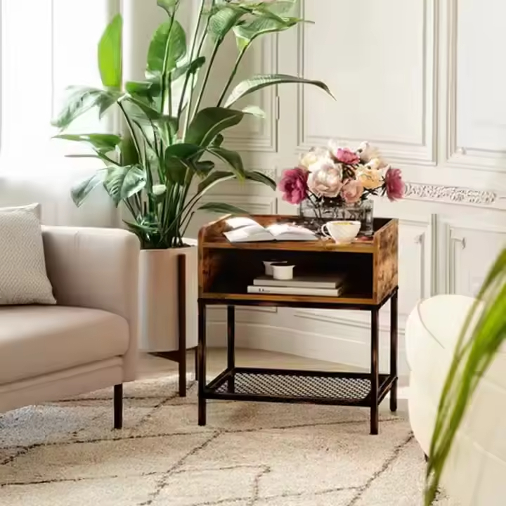 Modern Rustic Solid Wood Metal Nightstand Side Table Convertible Charging Station USB Ports OEM&ODM Bedroom Furniture Home