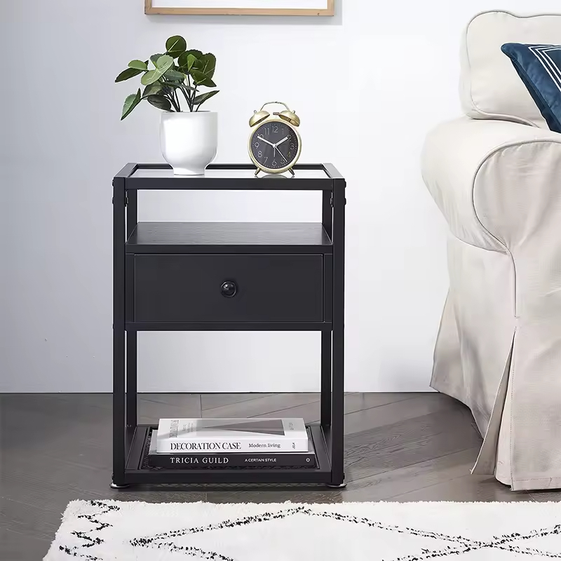 Contemporary 2-Layer Glass Top End Table with Drawer Shelf for Dining in Living Rooms Bedrooms Offices Hotels Factory ODM & OEM