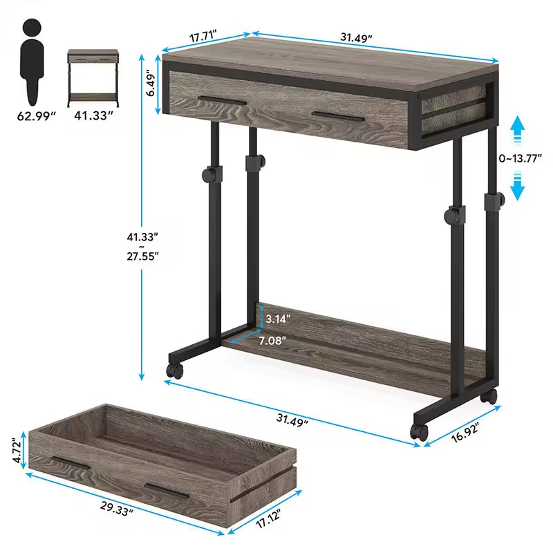 Compact Adjustable Rolling Computer Desk with Drawers Mobile Standing Workstation for Small Spaces for Home Hotel or School