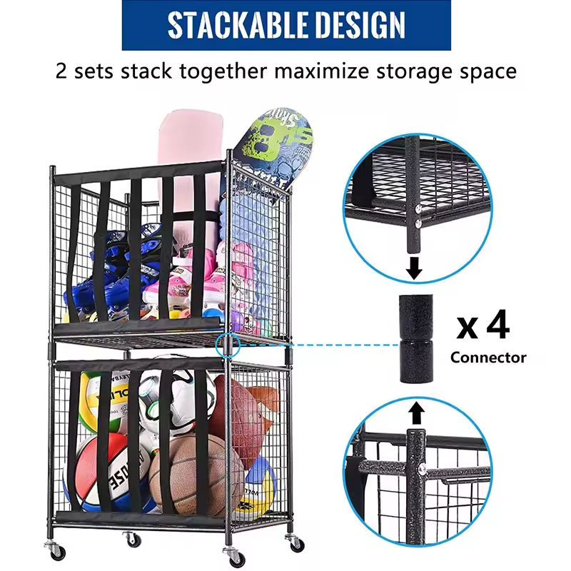 Factory Custom Metal Rolling Sports Ball Storage Cart Wheeled Lockable Heavy-Duty Garage Organizer Carbon Steel Detachable