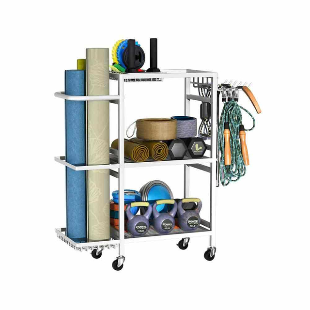 Home Gym Wall-Mounted Metal 3-Tier Tool Organizer with Wheels for Exercise and Workout Equipment