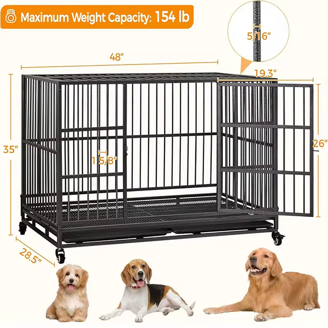 48'' XXL Indestructible Foldable Dog Crate 2 Lockable Doors Removable Metal Trays Wheels Extra Home Storage Organization