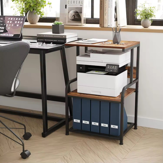 Factory Wholesale Solid Wood 3 Tier Mobile Printer Stand Cart with Wheels 2 Hooks Modern Design Office Furniture Bedroom Use