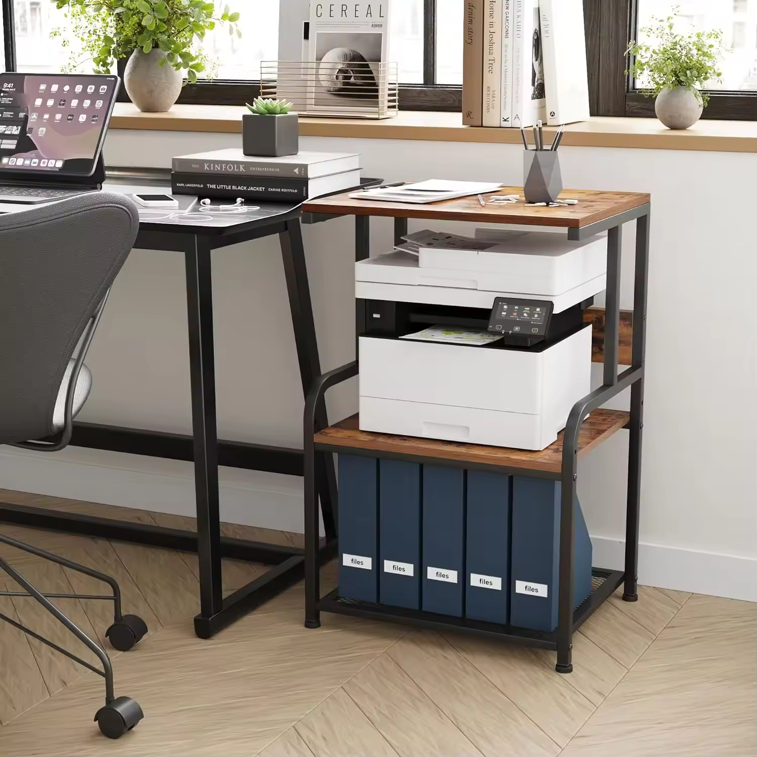 Factory Wholesale Solid Wood 3 Tier Mobile Printer Stand Cart with Wheels 2 Hooks Modern Design Office Furniture Bedroom Use