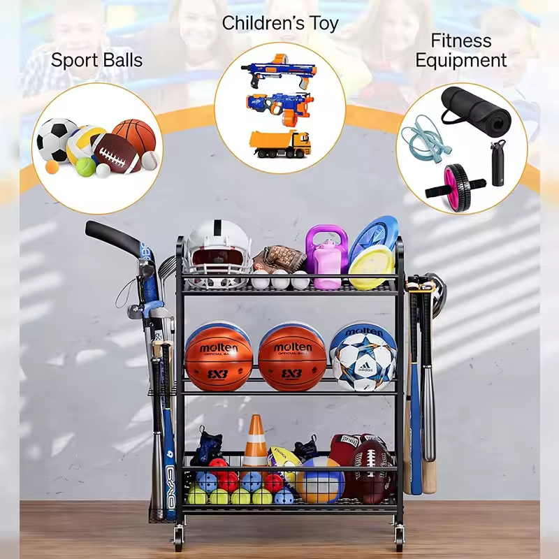 For Garage Indoor and Outdoor Toy Storage Racks with Wheels Basketball Racks with Baskets and Hooks Living Room Storage Shelf