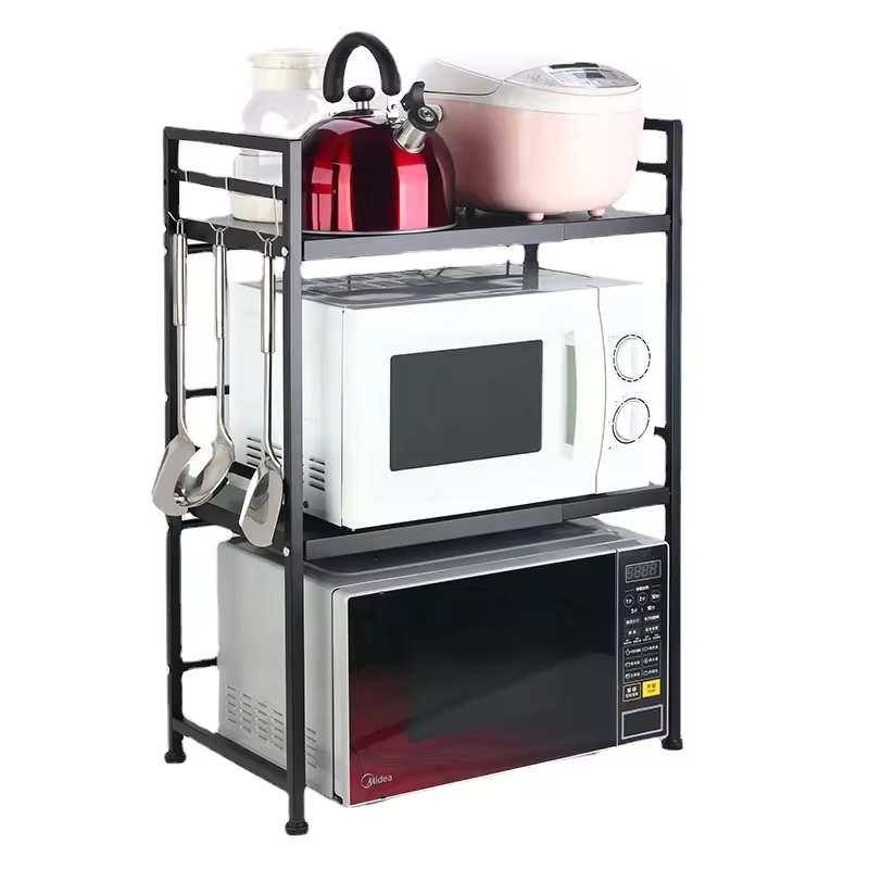 Three-Layer Retractable Standing Type Metal Kitchen Shelving for Countertop Rice Cooker Oven Microwave Rack for Household Use