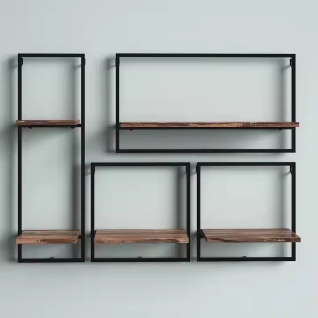 ODM OEM Coated Iron Frame Wall Shelving 4-Piece Floating Display Shelves Double Tiers Contemporary Living Room Home Storage