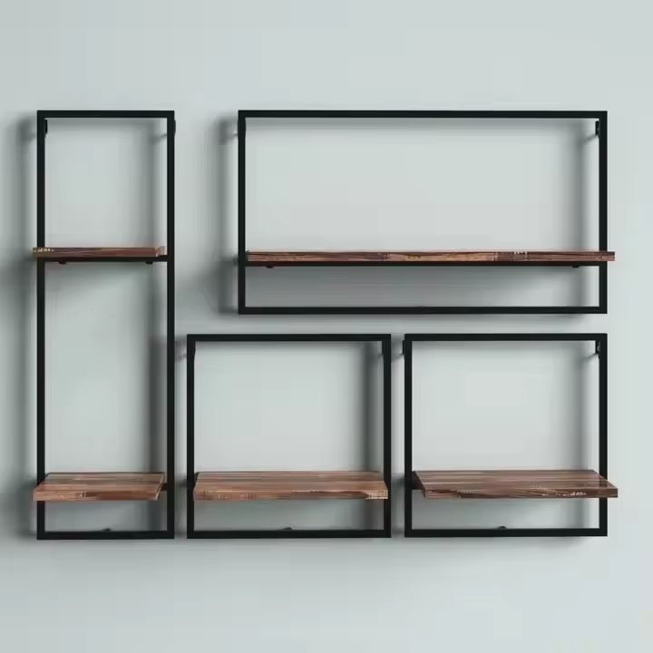 ODM OEM Coated Iron Frame Wall Shelving 4-Piece Floating Display Shelves Double Tiers Contemporary Living Room Home Storage