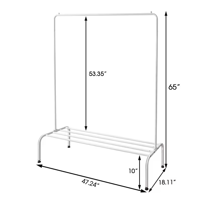 Metal Heavy Duty Waterproof Foldable Detachable Garment Rack with Top Rod Lower Storage Shelf for Bathroom Wardrobe Living Room