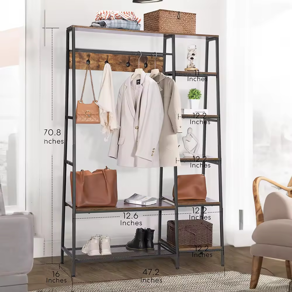 Factory OEM&ODM Shoe Clothes Rack Entry Hall Tree Bench 5 Coat Rack Set Storage Shelf Carbon Steel Wardrobe Foldable Detachable