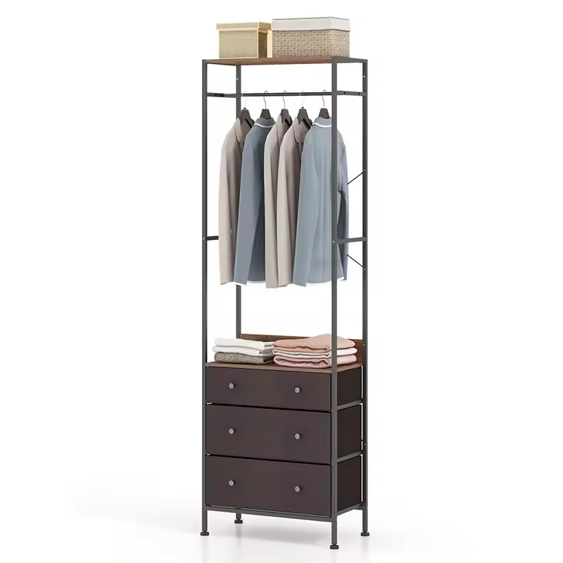 Vintage Multi-Functional Three-Layer Foldable Detachable Brown Wood+Metal Display Rack Customizable Wardrobe Bedroom Living Room