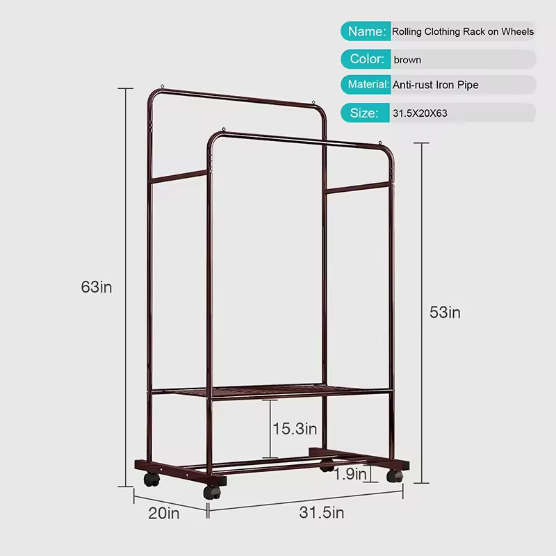 OEM & ODM Factory Metal Clothing Rack with Wheels Double Rails 110 LBS Capacity Indoor Use for Bedroom Bathroom Clothes Storage