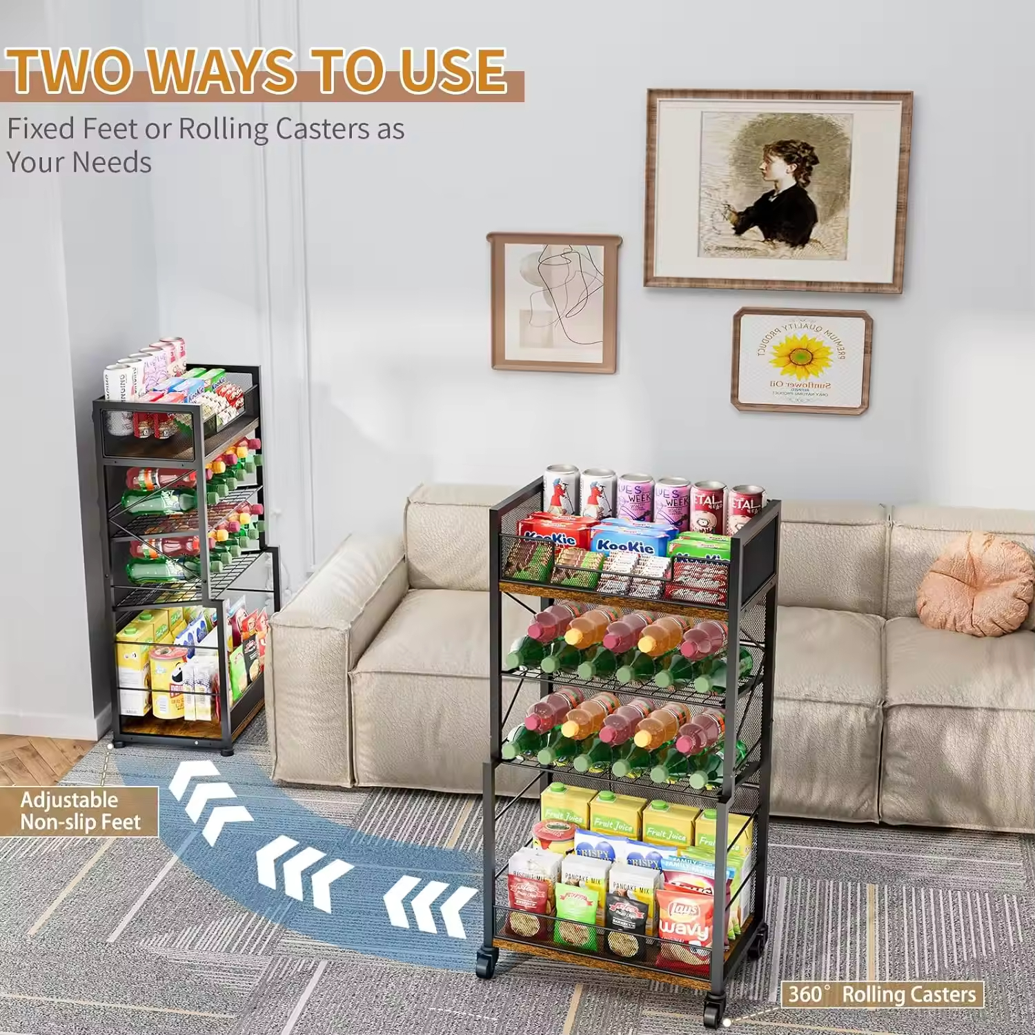 4-tier Rolling Storage Cart Organizer With 2 Mesh Sliding Trays for Home Offices Schools or Living Room Kitchen Shelving