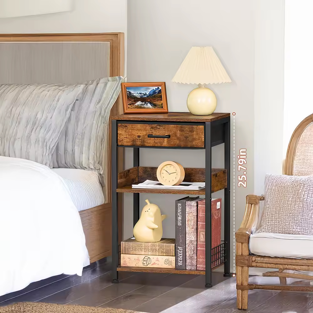 End Table with Fabric Drawer 3 Tier Industrial Wood Side Table with Storage Modern Tall Printer Stand Vintage Brown Nightstand
