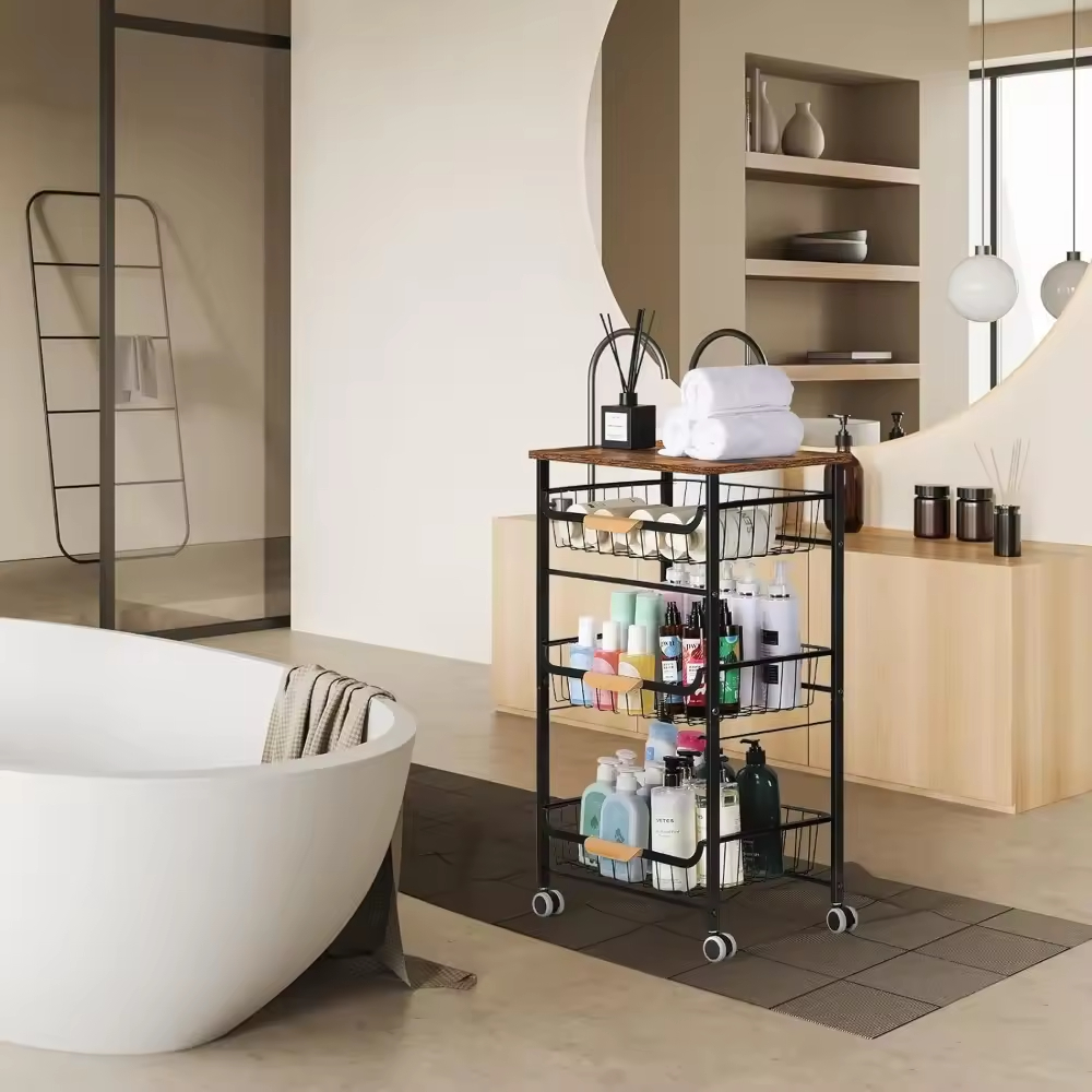 OEM/ODM 4-Tier Wood Steel Fruit Vegetable Storage Rolling Cart Power Charging Kitchen Living Room Islands Carts Wheels Factory