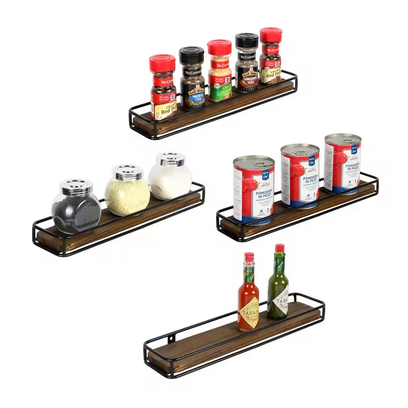 Manufacturer Custom 5 Jar Solid Wood Spice Rack (Set of 4) Wall Mounted Storage Racks Solid Wood and Metal Frame Spice Racks