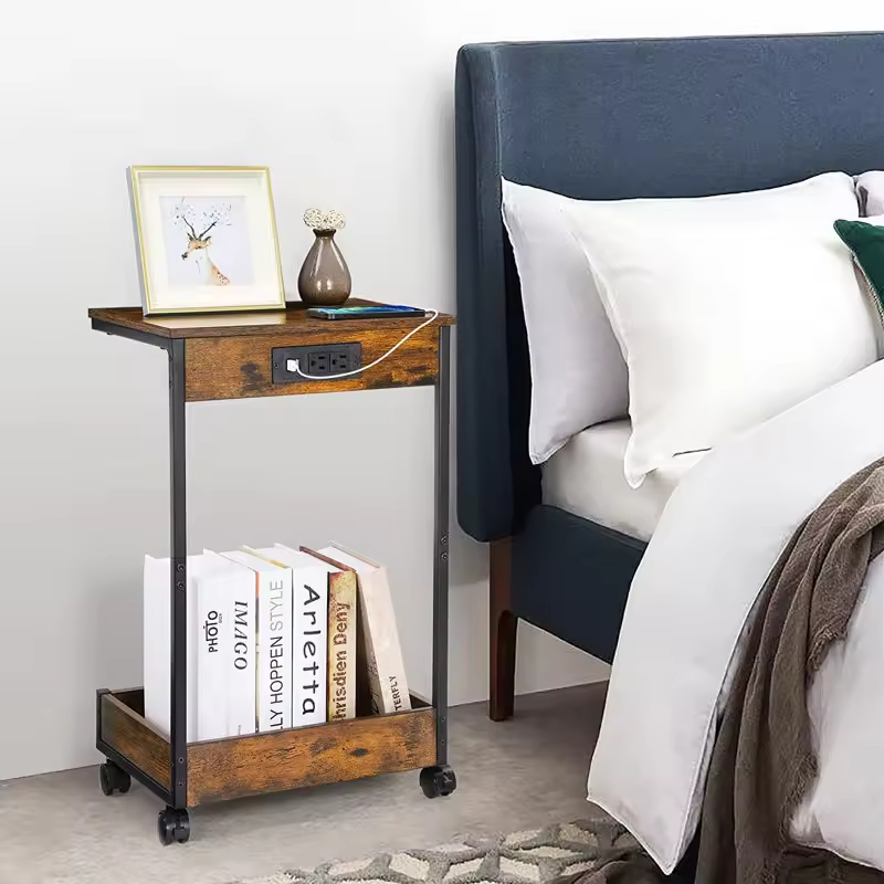 ODM OEM C-shaped Structured Side Table Tabletop Shelf Under Your Bed, Sofa, Couch, or Armchair End Table and Built-In Outlets