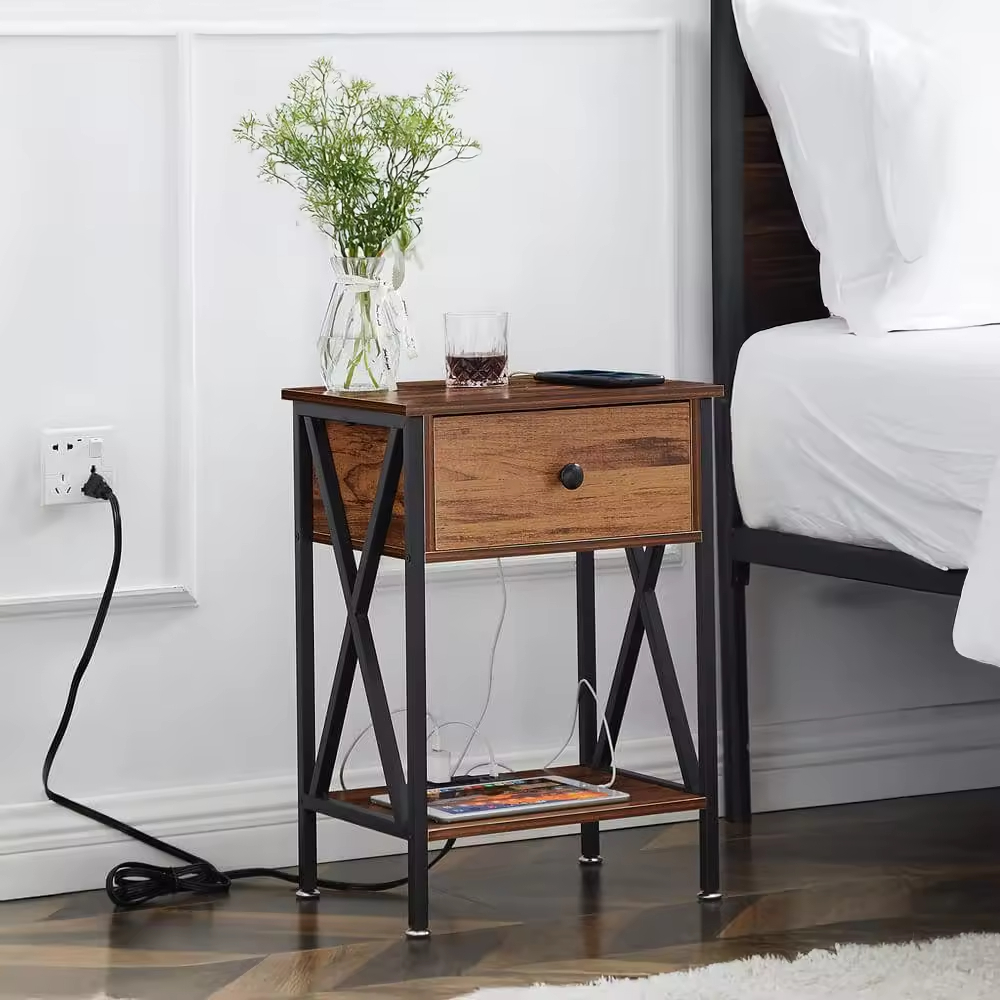 OEM ODM Custom End Table with Charging Station with 1 Wooden Drawers Livingroom Cabinet Couch Nightstand End Side Table
