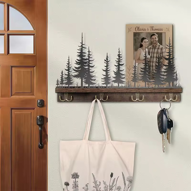 Modern Natural Wood Rectangle Plated Wall Mounted Mail Organizer with 4 Double Hooks & Key Hanger for Home Decor