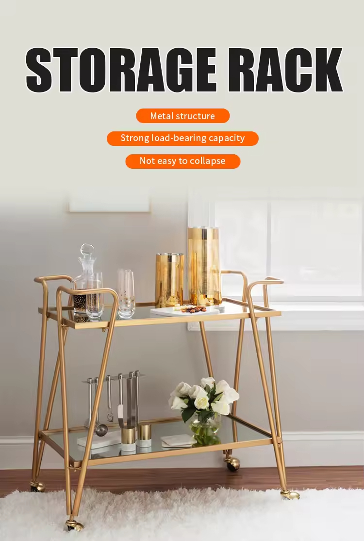 Modern Hotel Trolley Indoor/Outdoor Gold Folding Metal Rolling Multifunction Serving Bar Cart for Kitchen Living Room & Bathroom