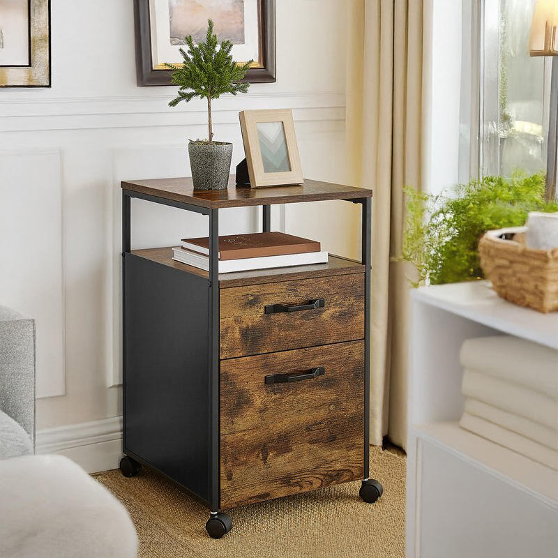 Custom ODM OEM Living Room Guest Room Office Hotel Workshop Sofa Corner End Table 2 Drawers Rustic Brown Wood Metal Contemporary