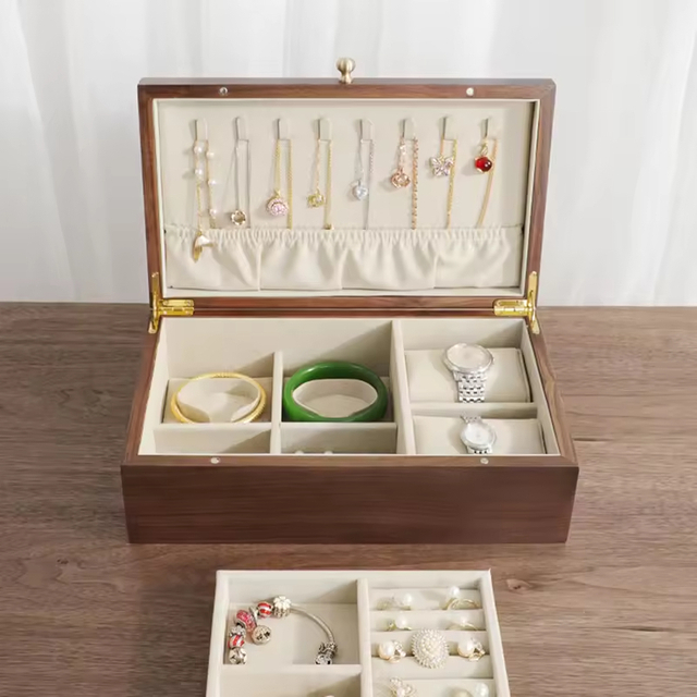 Double 2 Layer Wooden Walnut Wood Drawer Sliding Jewellery Boxes Storage Jewelry Cases Organizer