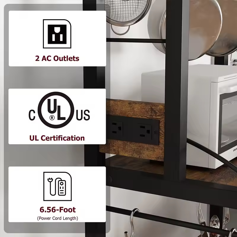 OEM/ODM Kitchen Baker's Rack Microwave Oven Stand Coffee Bar Cabinet Freestanding Storage Shelf Power Outlet Steel Construction