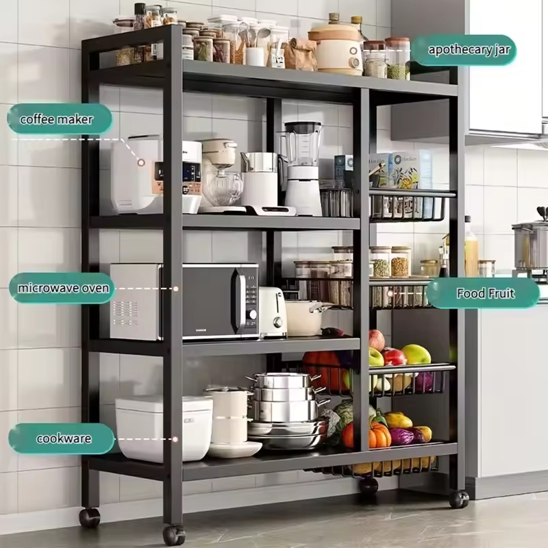 Factory OEM/ODM 4-Tier Large Capacity Metal Kitchen Storage Rack with 4 Open Baskets Kitchen Storage Shelf Rack