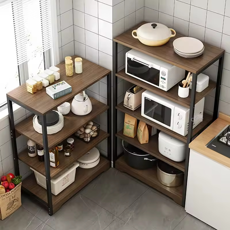 Factory Custom 5-layers Large Capacity Metal and Wooden Kitchen Storage Rack With Three Baskets Kitchen Storage Shelf Oven Rack