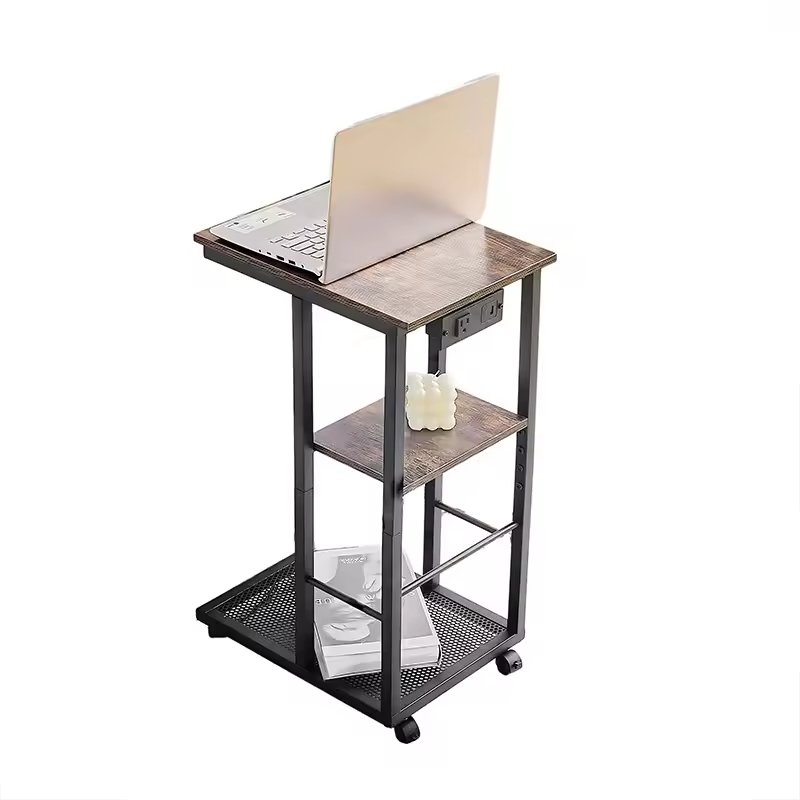 C-Shaped End Table W/USB Ports & Wheels Metal Side Table with Wire Shelf Space-Saving Living Room Furniture for Apartment/Hotel